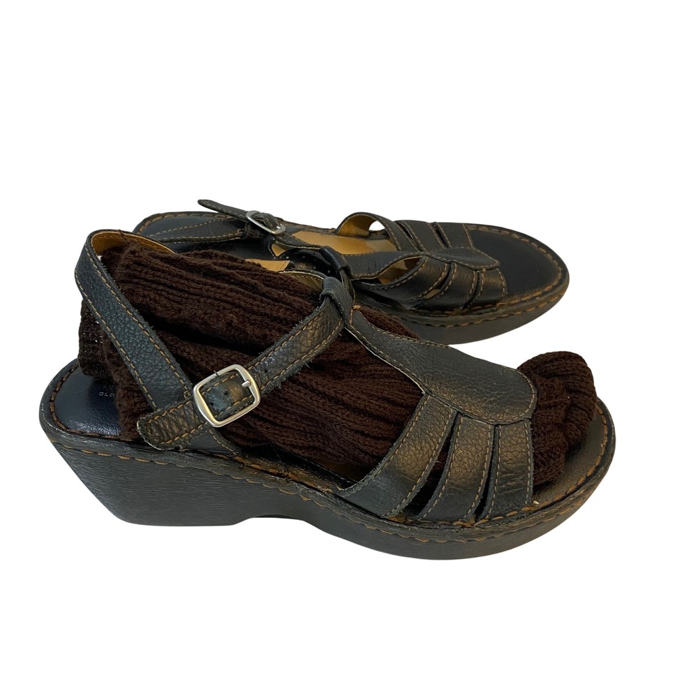 Great Northwest Denise Black Leather Wedge Sandals Womens 9M T-Strap Comfort